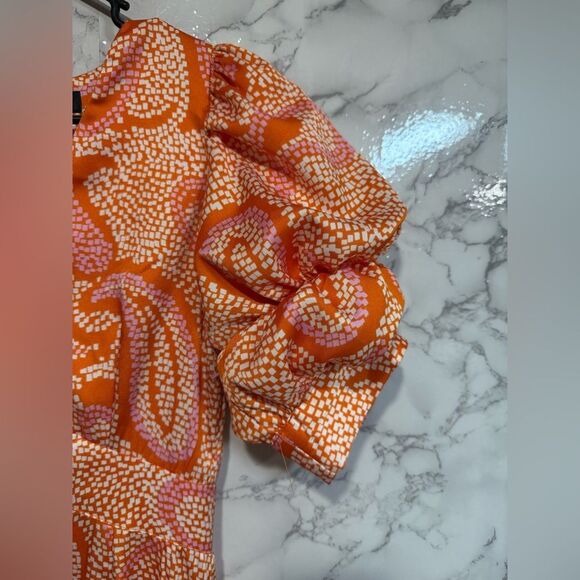 NEW 1.STATE Printed V-Neck Tiered Bubble Puff Sleeve Mini Dress Orange Size XS - Picture 6 of 11